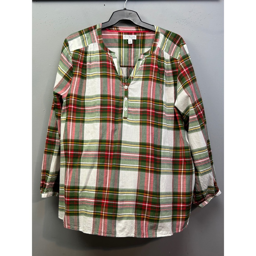 Kim Rogers Tunic Women 3X Green Plaid Curvy Henley Long Sleeve Cotton Top